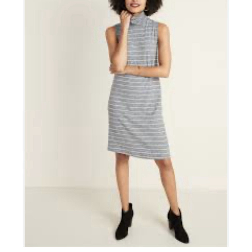 Old Navy Sleeveless Turtleneck Shift Dress for Women Sz Large Stripes Gray White